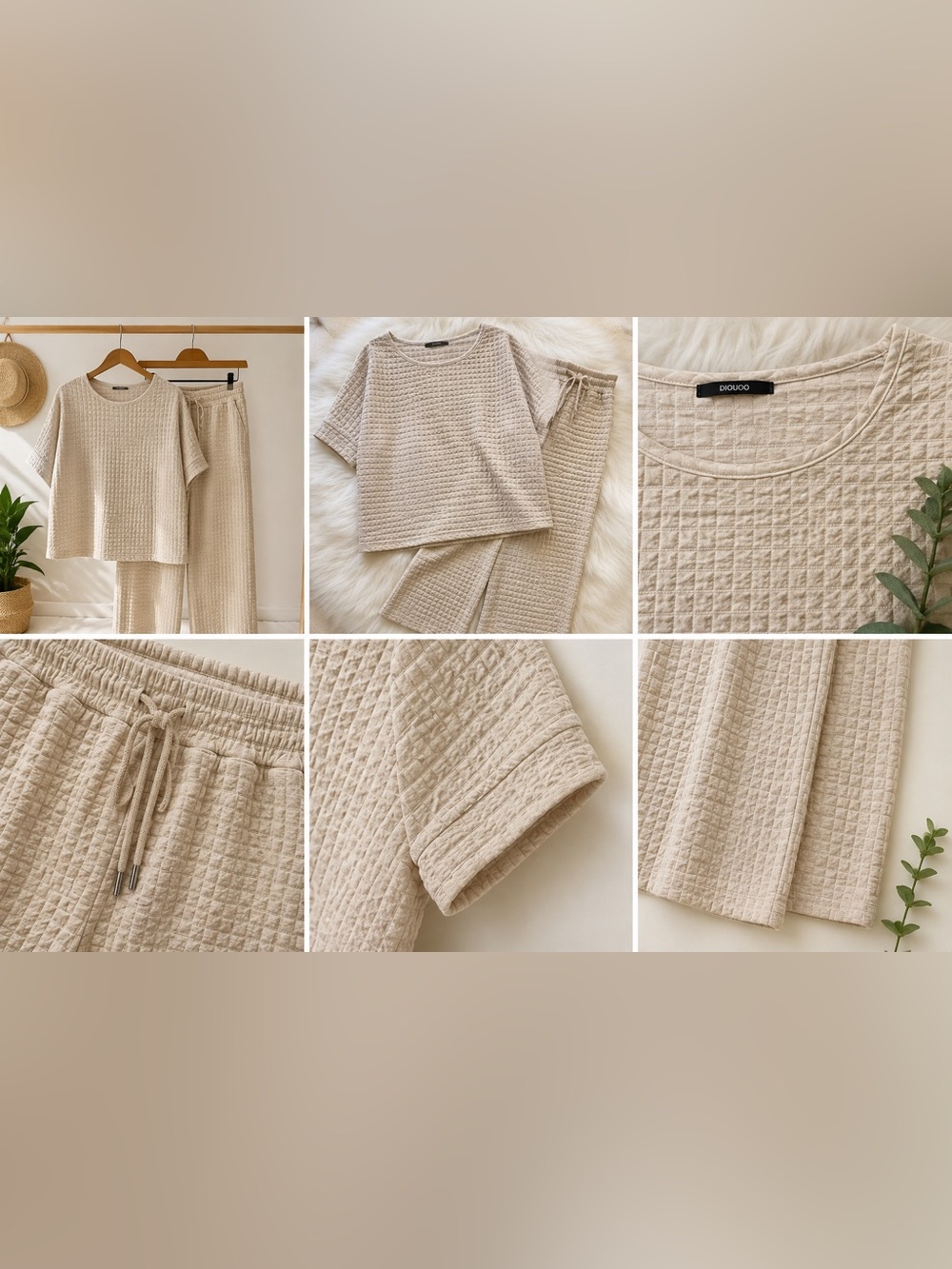 DIOUOO Beige Waffle 2-piece Lounge Set- Top & Wide Leg Pants -M
